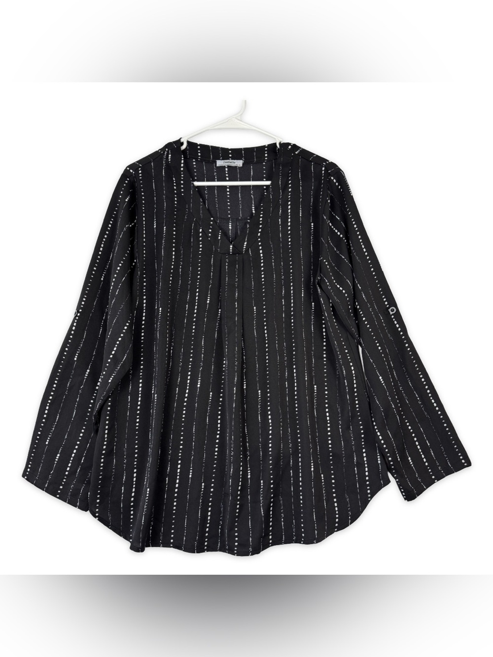 Youtalia Blouse Womens XL Black White Long Sleeve V Neck‎ Front Pleat Career